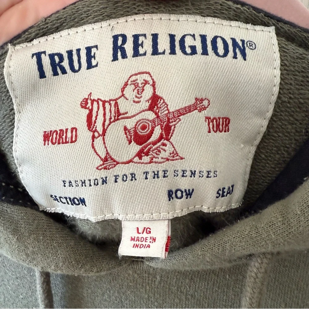 True Religion Silver Metallic Monogram Pullover Hoodie Army Green Mens Size L